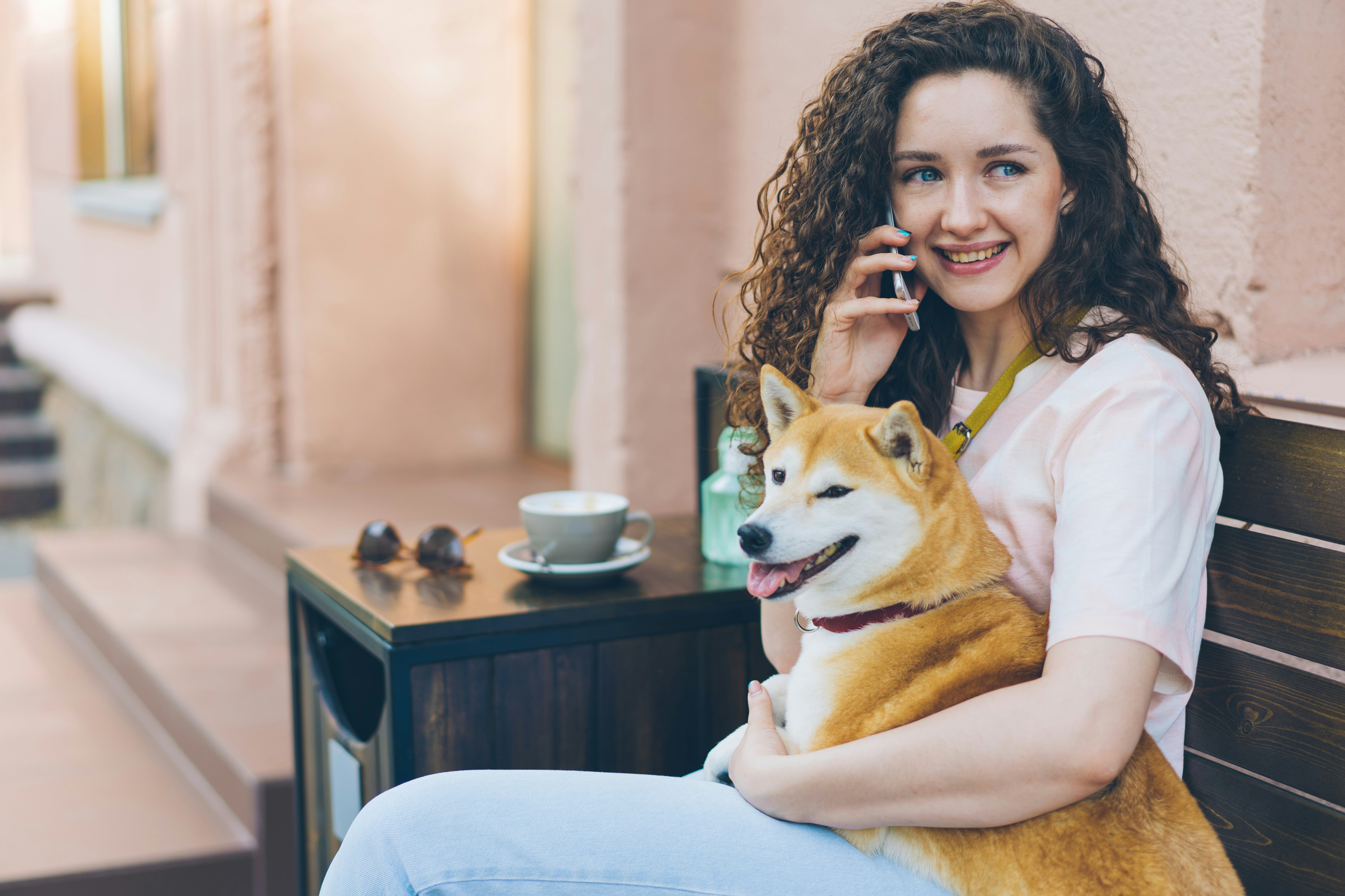 Persona usando un teléfono junto a su perro